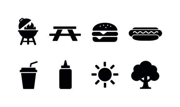 Outdoor BBQ Picnic Pattern. Filled icon set of Outdoor BBQ Picnic Pattern: barbecue grill, picnic table,