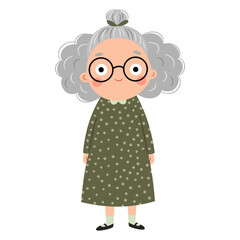 A sweet grandmother wearing glasses and a green dress. A flat vector illustration in a simple children's style. Vector illustration
