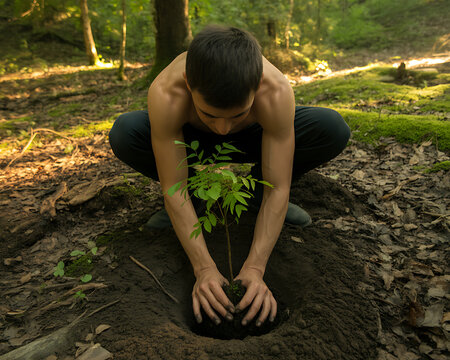 Man planting young tree in forest with bare hands and no shirt