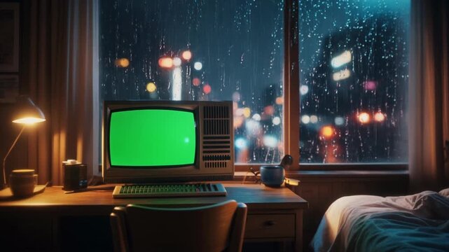 Cinematic mockup of a vintage CRT monitor with green screen in a cozy rainy bedroom at night with city lights bokeh
