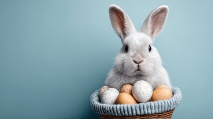 Obraz premium A fluffy grey baby rabbit with soft fur sits snugly in a blue knitted basket filled with natural and speckled Easter eggs on a solid blue background.