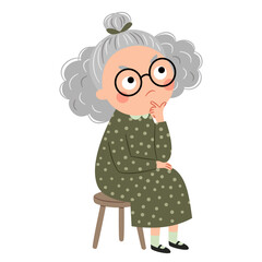 A sweet grandmother wearing glasses and a green dress sits on a chair in a pensive pose. Flat vector illustration in a simple children's style. Vector illustration