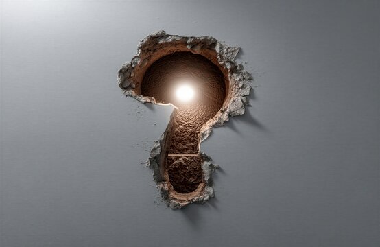 Una imagen conceptual que representa un signo de interrogaci&oacute;n que emerge de una pared, simbolizando preguntas, misterio y b&uacute;squeda de respuestas.