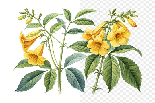 Yellow Bells Watercolor Bloom, Tecoma Stans Tropical Floral Illustration Isolated on White