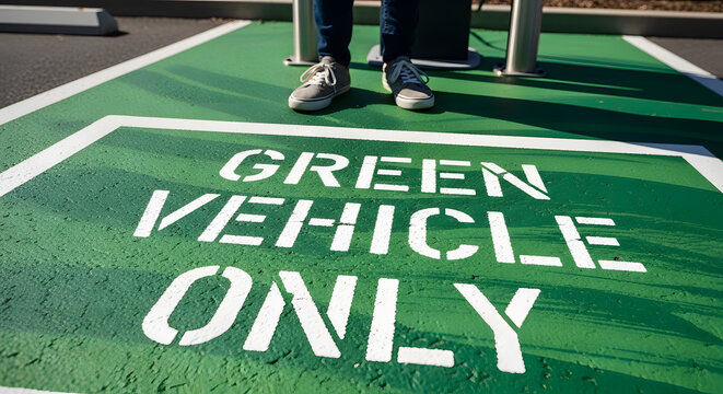 Person standing on green vehicle only parking spot marked with bold white text