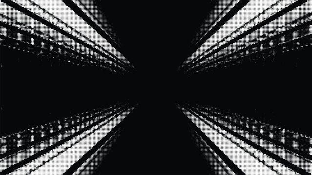 Abstract geometric tunnel perspective with black and white halftone dots creating a dizzying optical illusion for backgrounds