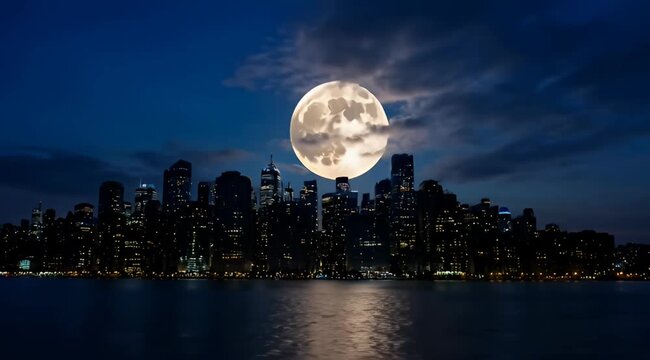 Dramatic cityscape silhouette under a full moon shrouded by wispy clouds