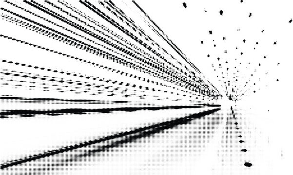 Perspective view of radiating lines formed by halftone dots on a transparent grid, abstract digital technology background concept