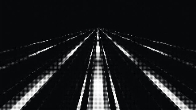 Perspective view of a road or pathway constructed from white and halftone dots on a black transparent background creating depth