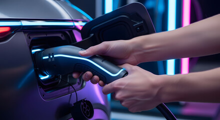 Naklejka premium Person plugs electric car into charging station with glowing blue cable
