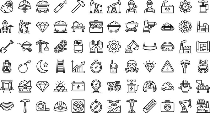 Comprehensive Mining and Industrial Equipment Line Icon Set with Machinery Tools Workers and Safety Symbols