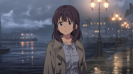 Captivating Night Portrait of a Young Woman in an Enigmatic Urban Setting, Surrounded by the Mystique of Water and Lights Reflected in a Tranquil Harbor Scene