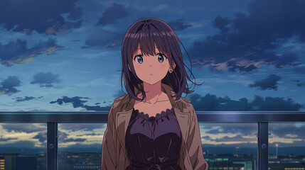 Captivating Evening Portrait of a Young Woman Against a Stunning Urban Skyline, Embracing the Serene Beauty of Nighttime in a Dreamy Anime Style