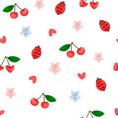 seamless watercolor pattern, cherries, red, flowers, heart, ladybug © Yamarka