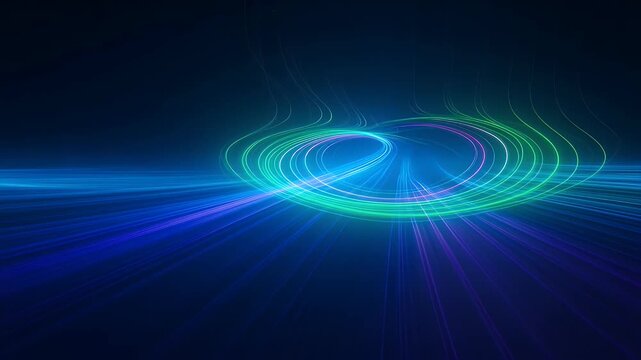 Abstract circular light streaks on dark blue background create a futuristic design