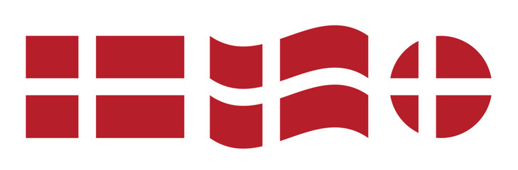 denmark national flag set in rectangle waving and circular shapes red and white nordic cross isolated on white background vector illustration © Art Stor Pro
