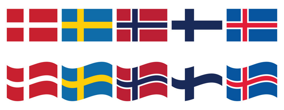 nordic countries flags set denmark sweden norway finland and iceland in rectangle waving and circular styles isolated on white background vector illustration