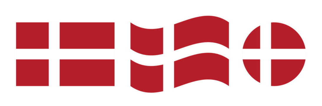 denmark national flag set in rectangle waving and circular shapes red and white nordic cross isolated on white background vector illustration