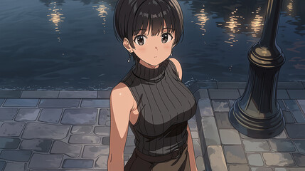 Captivating Urban Night Portrait of a Stylish Girl by the Water's Edge, Embracing Serenity and Charm in a Vibrant City Atmosphere