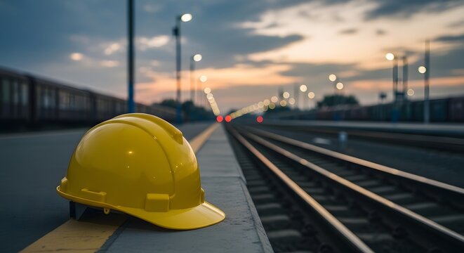Labor day safety first construction hard hat on railroad tracks at sunset