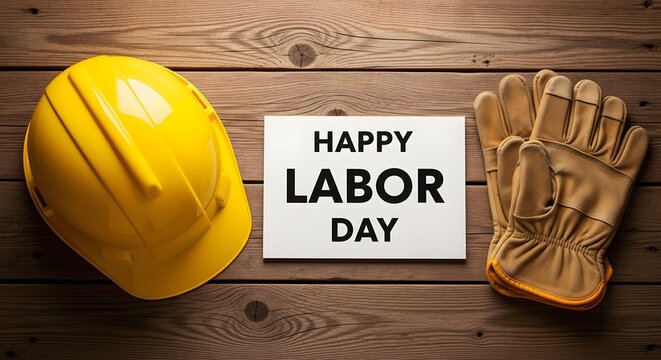 Happy labor day celebration with hard hat and work gloves