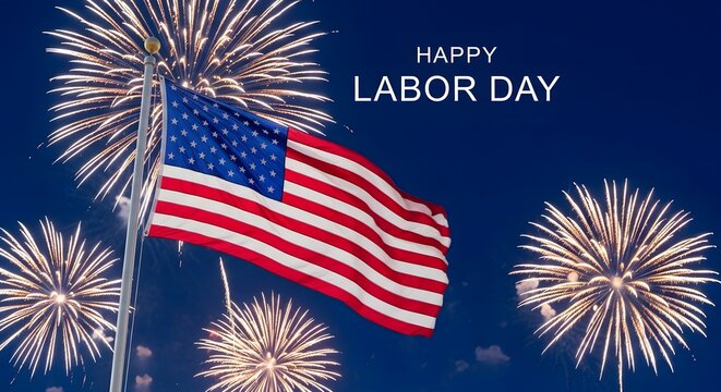 Happy labor day celebration with fireworks and american flag