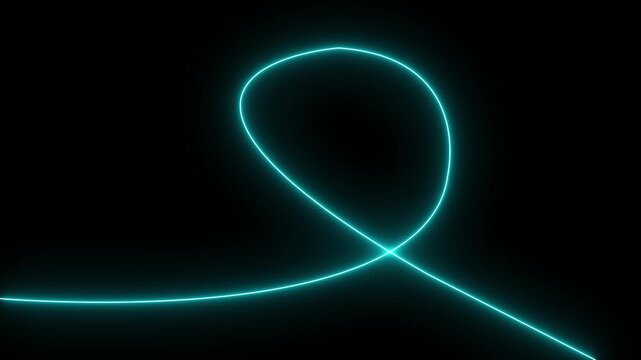 Abstract cyan laser light beam tracing a smooth looping path against a deep black background
