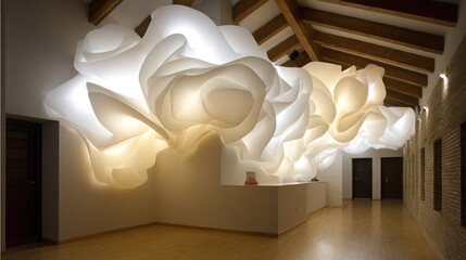 Abstract cloud like lighting fixture design indoors with architectural elements