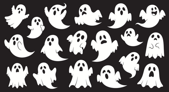 A collection of various white cartoon ghosts with different expressions on a black background.