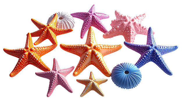 Colorful starfish and sea urchins against a black background