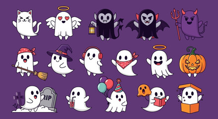 Obraz premium A collection of cute and spooky cartoon ghosts and Halloween characters in various costumes and poses against a purple background.