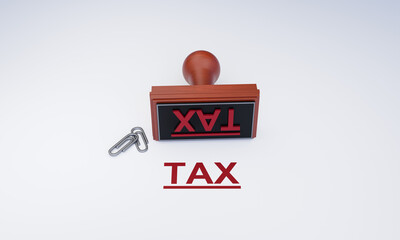 3D Illustration of Tax Payment Rubber Stamp with Key on Clean Background, Finance and Accounting Concept