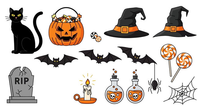 A collection of classic Halloween symbols including a black cat, pumpkin candy bucket, witch hats, bats, tombstone, candle, potions, spider, and spiderweb.