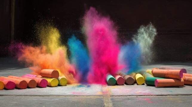 colorful sidewalk chalk sticks bursting into vibrant powder on pavement, dramatic explosion of bright pigments, dynamic motion freeze, textured