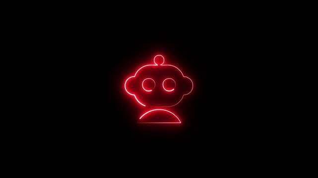 Red neon sign of reddit alien logo snoo glowing in the dark, digital art illustration