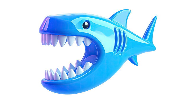 Shiny, cartoonish blue shark with a gaping mouth and visible teeth