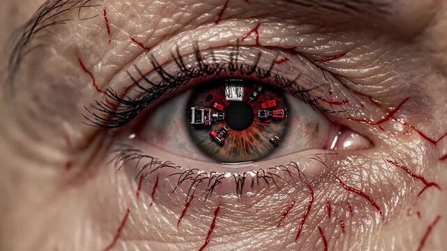 Macro shot of an aging human eye with visible red veins on the wrinkled eyelid