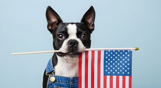 Patriotic boston terrier celebrates labor day with american flag