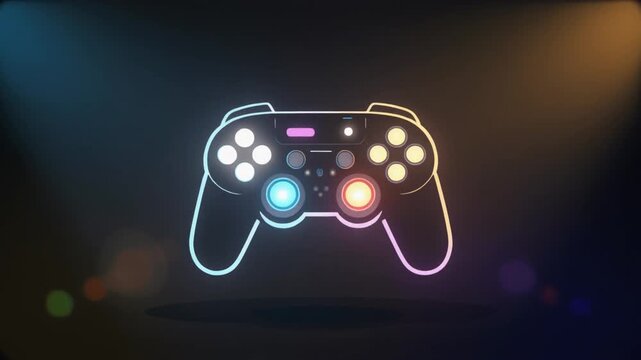 A neon lit game controller glows with colorful lights against a dark background in a dramatic spotlight