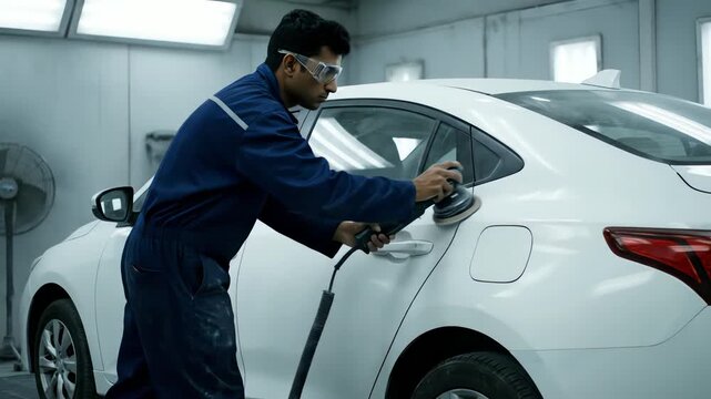 Mechanic Polishing White Car Surface Using Sanding Machine Wearing Blue Uniform and Safety Glasses Inside Auto Repair Shop with Soft Studio Lighting