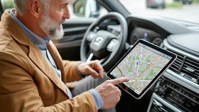 selective focus. driver checking route on tablet