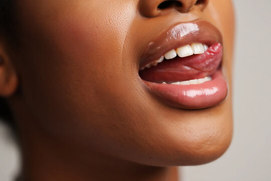 Woman with glossy lips and tongue out side profile mouth