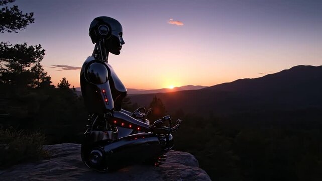 Metallic Robot Meditating on Rock Ledge at Sunset Overlooking Mountain Range and Green Forest Under Dramatic Purple Sky