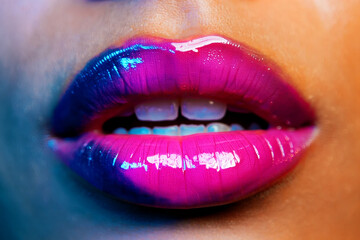 Fototapeta premium Extreme Close Up of Glossy Lips with Pink and Blue Split Color Makeup mouth beauty