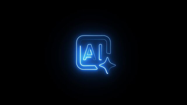 Blue neon sign of AI logo with sparkle on black background