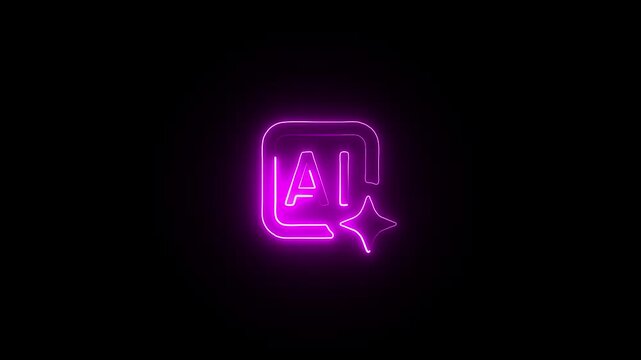 Purple neon sign of AI logo with sparkle on black background