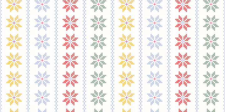 Colorful Folk Cross Stitch Seamless Pattern with Embroidered Floral Motifs. Traditional folk textile inspired for fabric, wallpaper, home decor, gift wrap, kids textile, banner. 