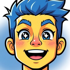Obraz premium Cartoon boy with blue hair smiling.