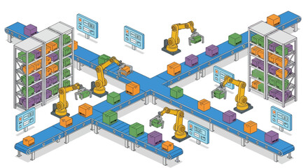Automated Warehouse with Robotic Arms and Conveyor Belts.