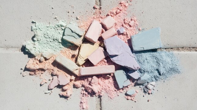overhead flat lay of broken sidewalk chalk pieces scattered on sunlit pavement, soft pastel powder gently spread around, minimal composition, light